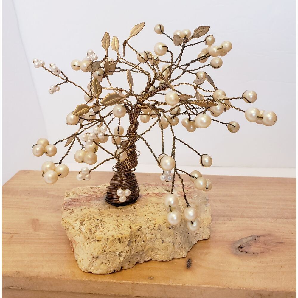 Vintage Wire Wrapped Bonsai Tree w/ Faux Pearls & Gold‎ Tone Leaves on Rock Base